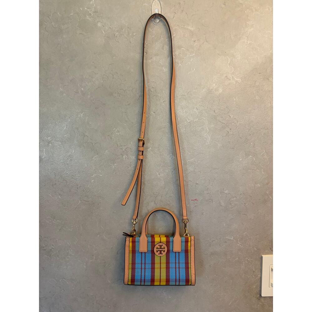 Tory Burch Ella Mini Plaid Top Handle Crossbody Tote Bag Multicolor Leather Trim - Picture 9 of 16